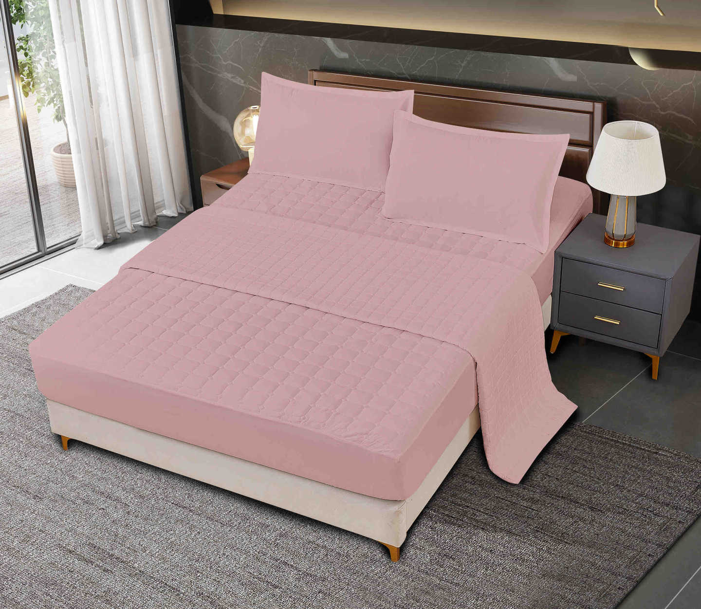 4-dijelni set posteljine s navlakom za madrac 180×200 cm – puder-roza