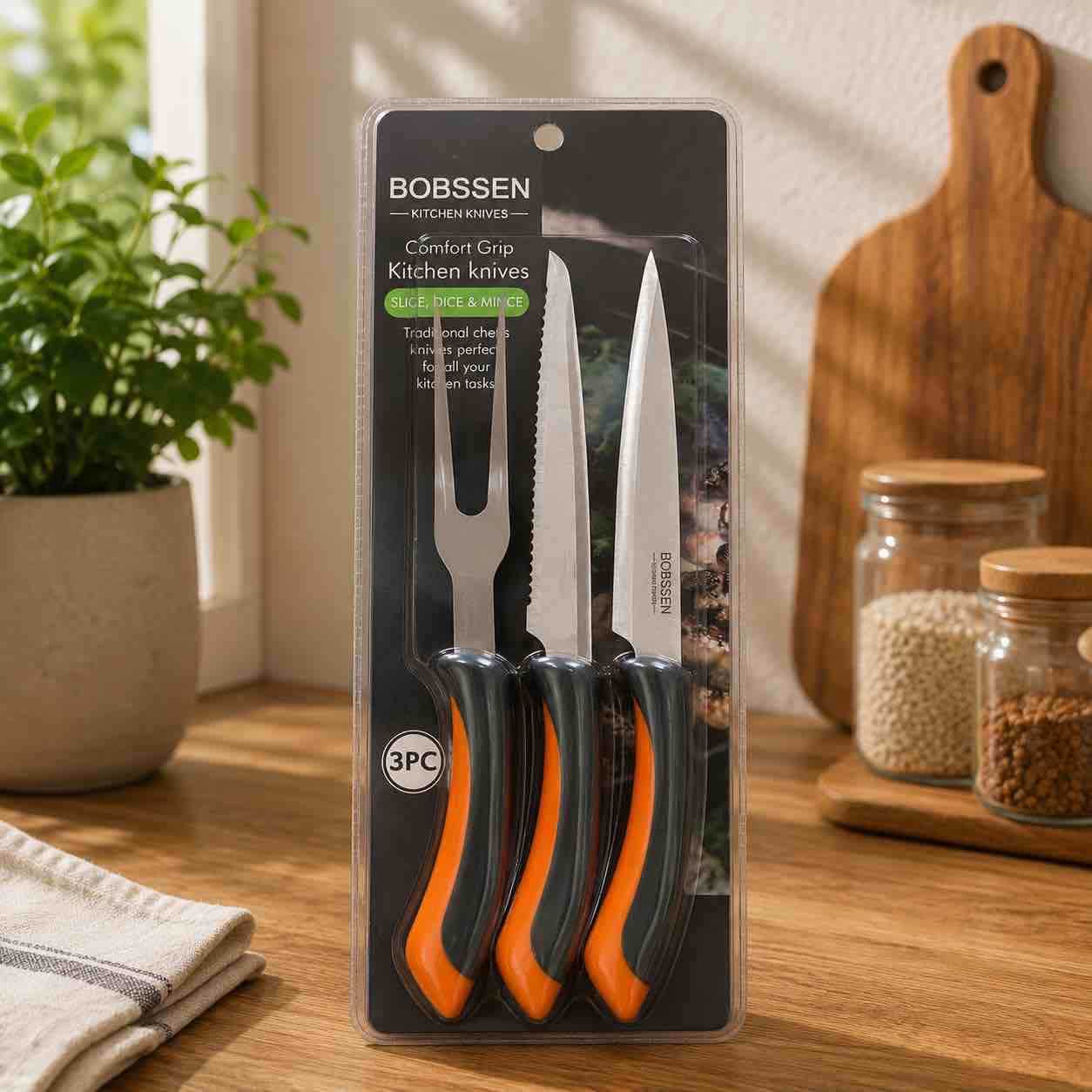 Set kuhinjskih noževa 3-dijela (nož, nazubljeni nož, viljuška za rezanje)