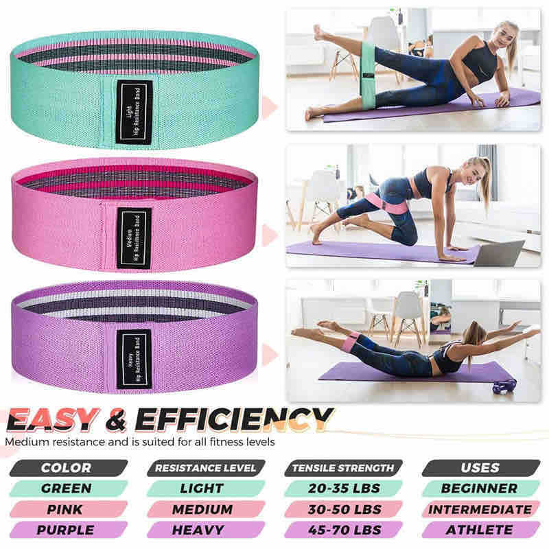 Set 3x tkanih hip resistance traka za vježbanje (lagana/srednja/teška)