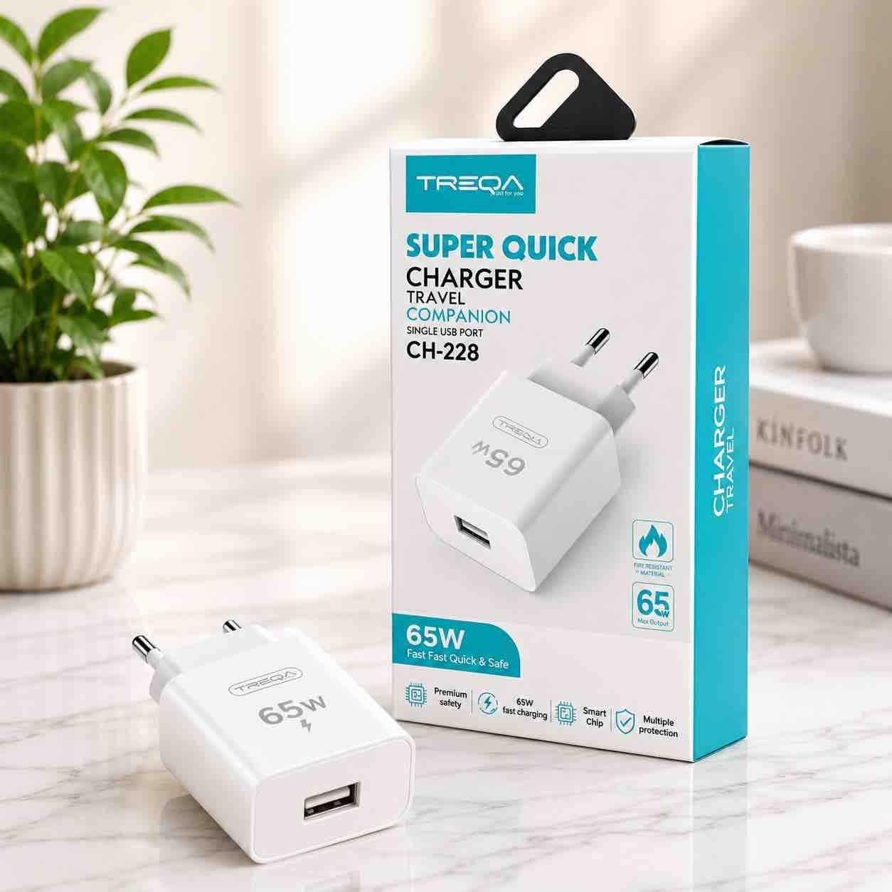 USB-A zidni punjač 65W (EU plug) – kompaktni travel adapter