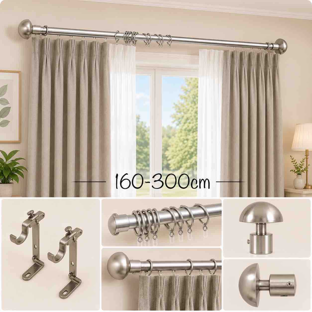 Metalna držačica/karniš za zavjese 160–300 cm sa 22 prstena, satenska nikl