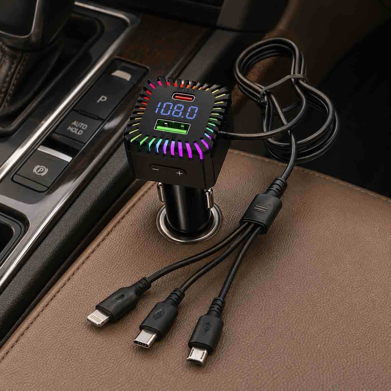 Auto FM transmiter i USB punjač s 3-u-1 kablom i LED prikazom