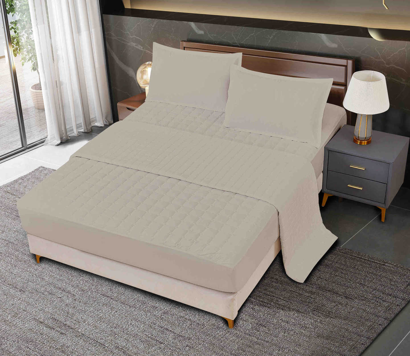 4-dijelni posteljinski set (160×200 cm) – khaki fitted sheet i prekrivač