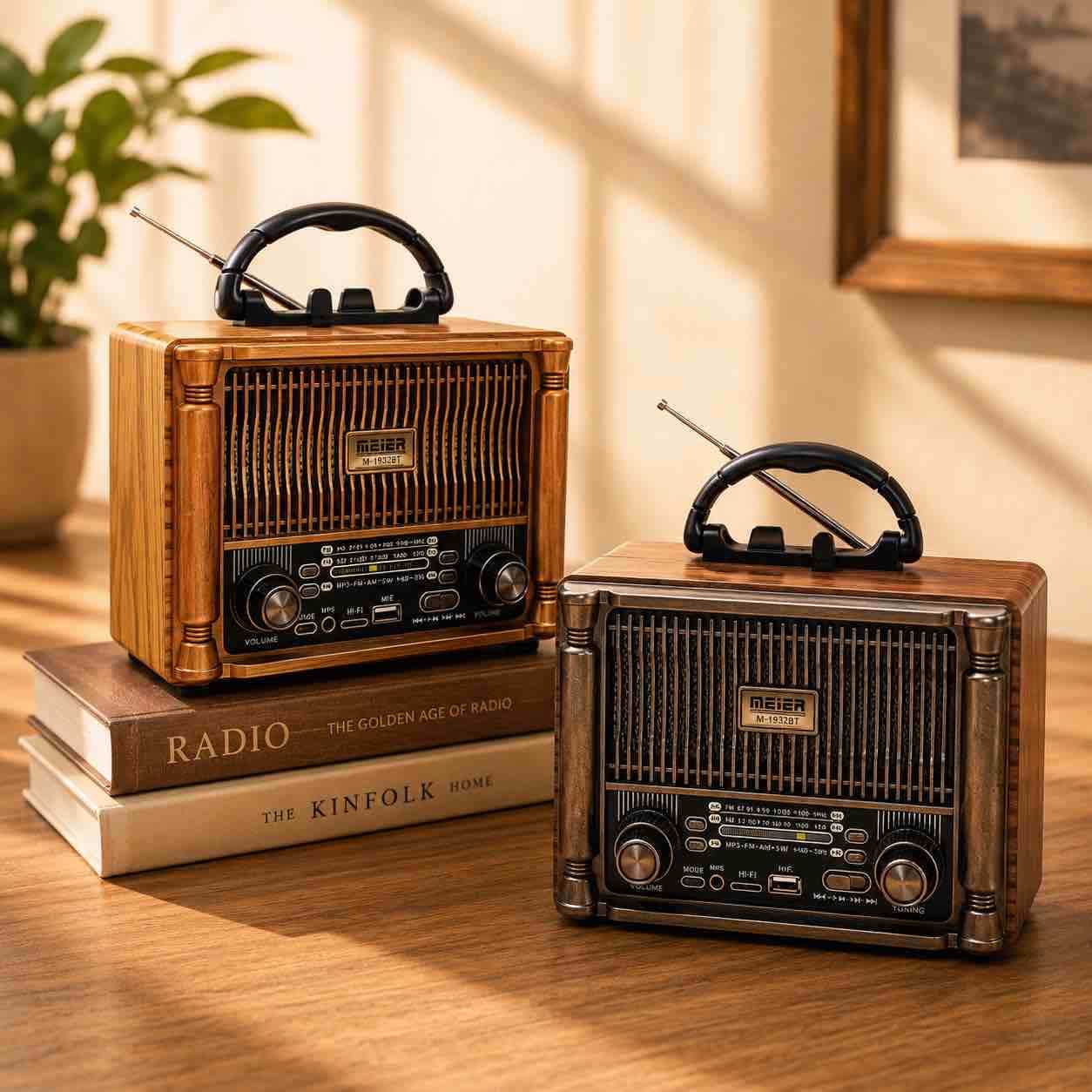 Prenosni retro stolni radio s drvenim izgledom i ručkom (FM/AM, MP3/USB, Bluetooth?)