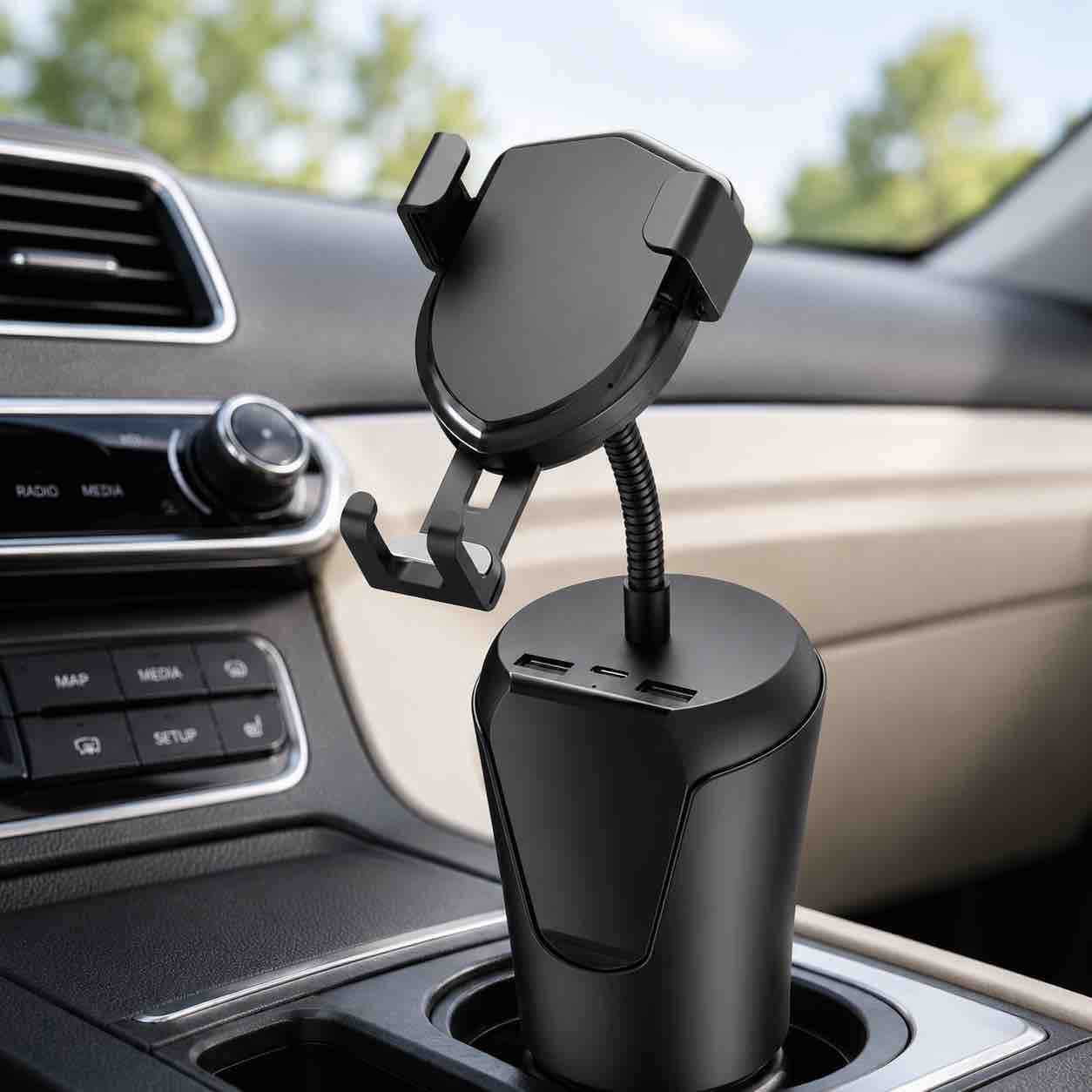 Auto držač za telefon u držač čaše sa bežičnim punjenjem i USB priključcima