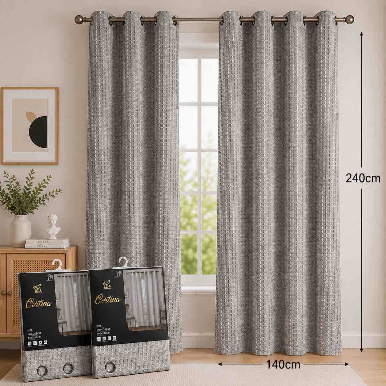Zavjesa panel sa metalnim ringlama 140x240 cm, tekstura karirani sivi
