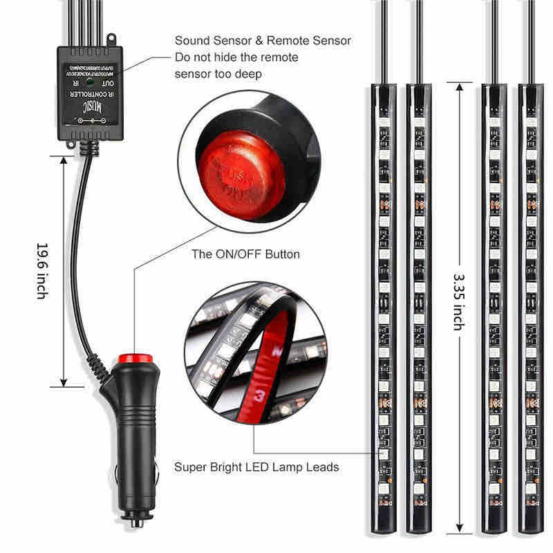 RGB LED trake za unutrašnje ambijentalno osvjetljenje automobila (4 kom) s daljinskim