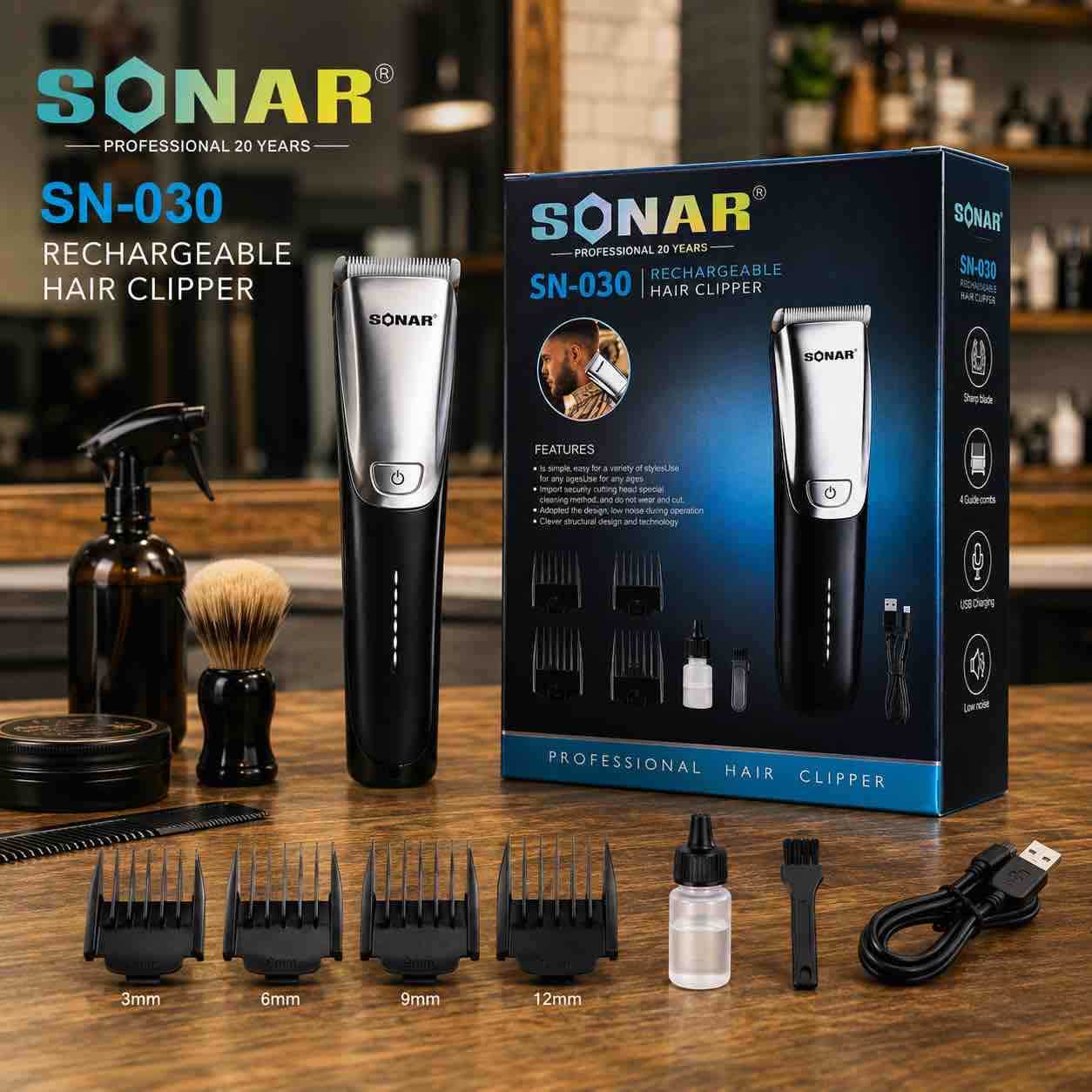 SONAR SN-030 bežični trimer za kosu (punjivi) sa četirima nastavcima