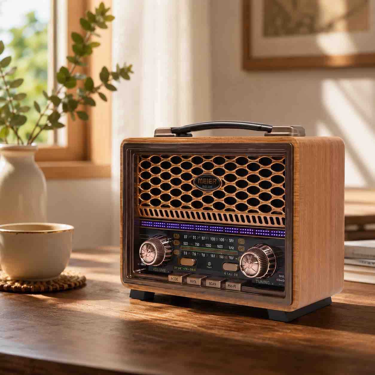 Retro stolni radio sa drvenim izgledom i prenosivom ručkom