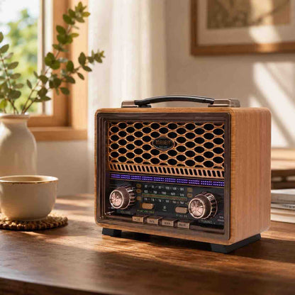 Retro stolni radio sa drvenim izgledom i prenosivom ručkom