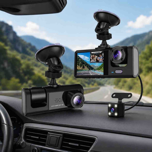 Dvo‑kanalna auto dash kamera (prednja + zadnja) sa monitorom i nosivom stalkom