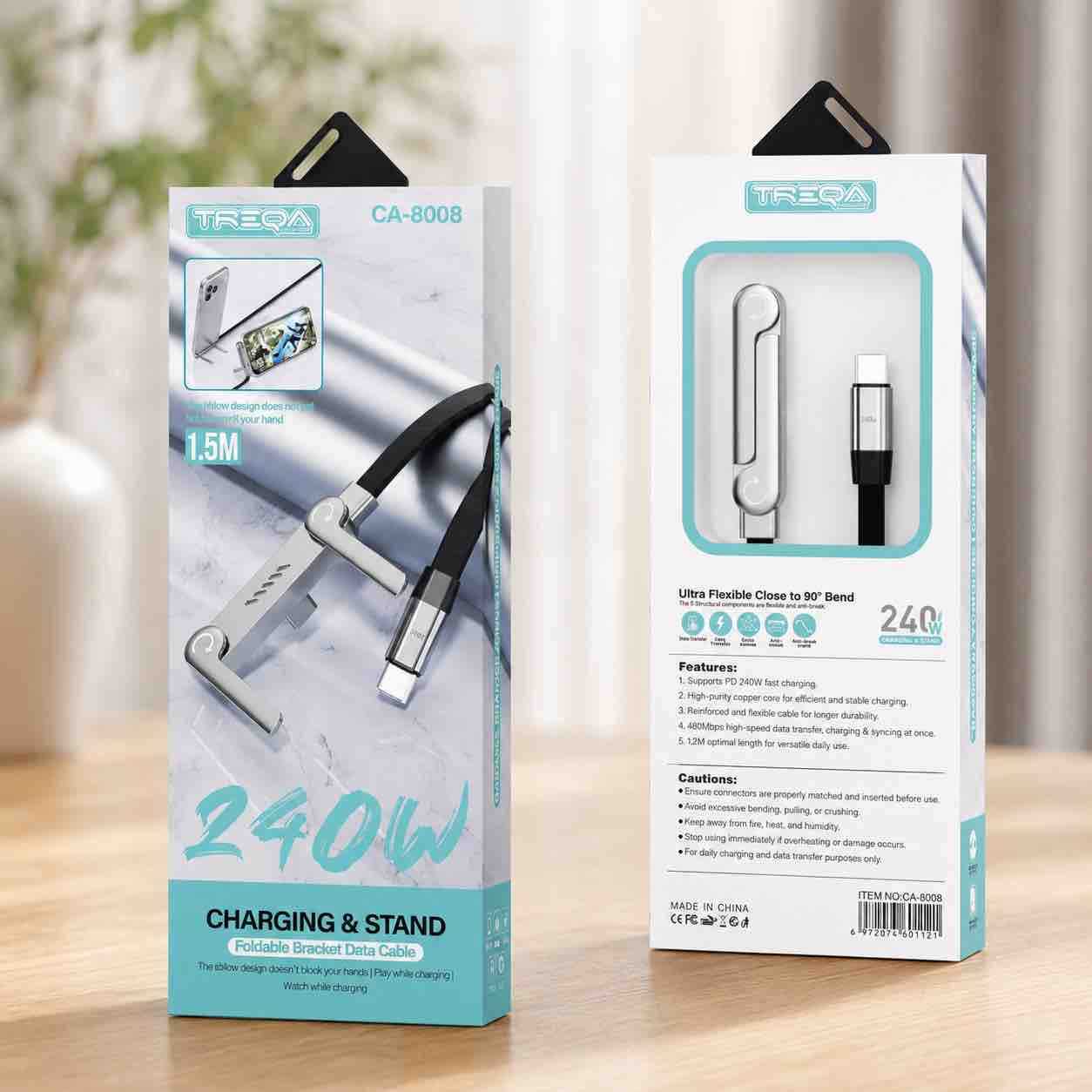 Sklopivi USB-C podatkovni i punjački kabel sa stalkom (1.5m, 240W)