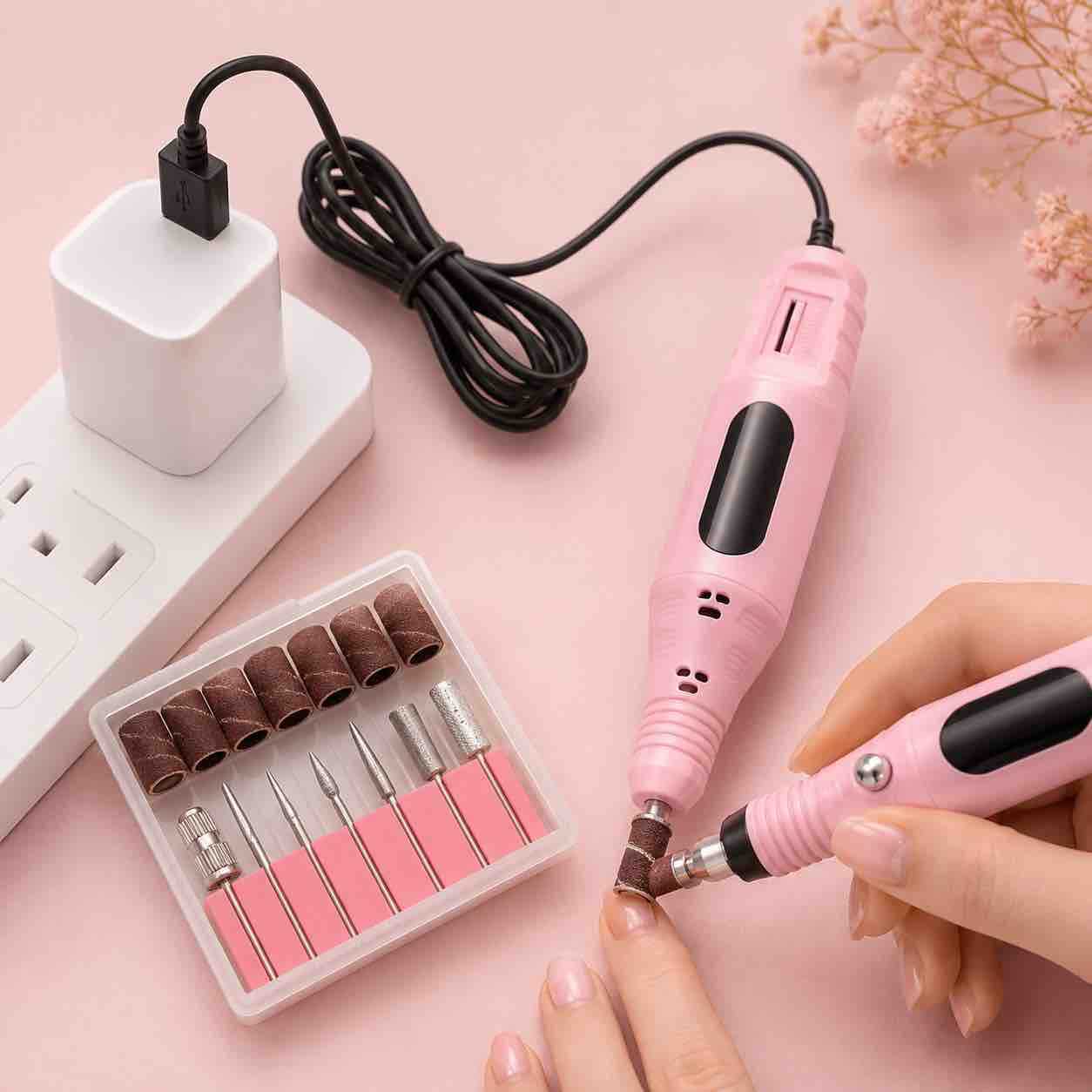 USB električna turpija za nokte - set sa nastavcima (roze)