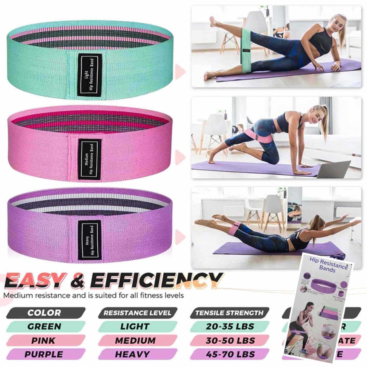 Set 3x tkanih hip resistance traka za vježbanje (lagana/srednja/teška)