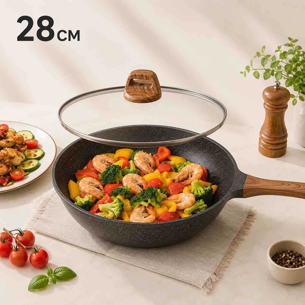 Tava/wok 28 cm sa staklenim poklopcem i drvo-dekor drškom