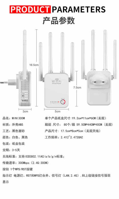 WiFi repeater/pojačivač signala 2.4GHz 300Mbps, plug-in sa 4 antene