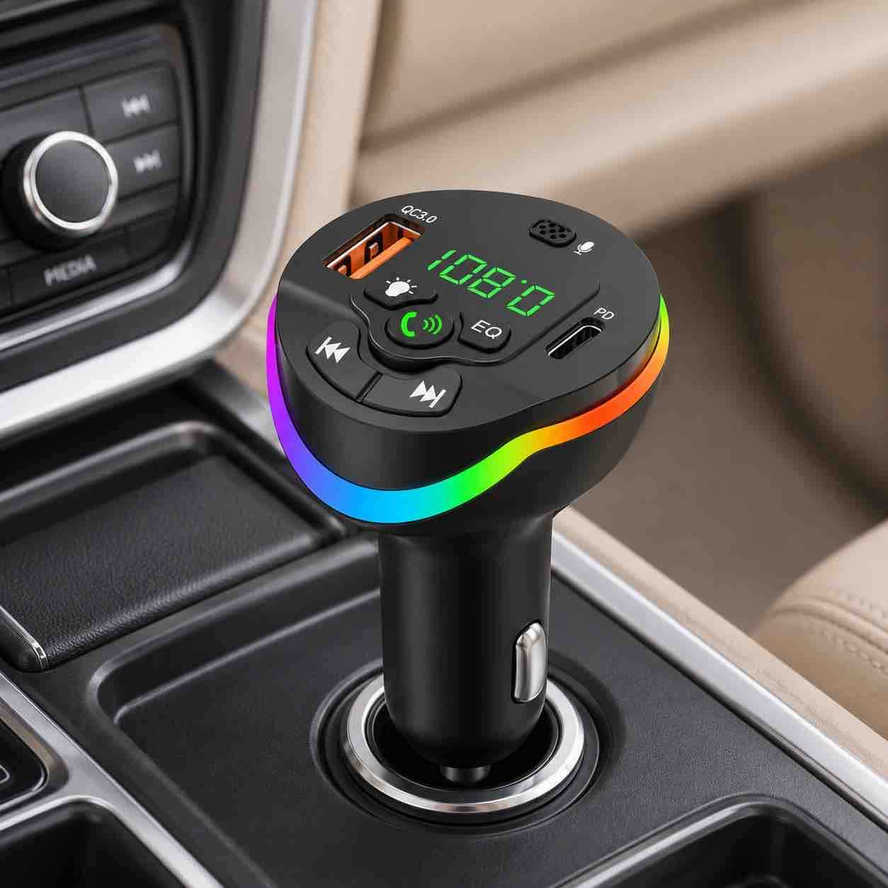 FM transmitter za auto s USB punjačem, Bluetooth i RGB svjetlom