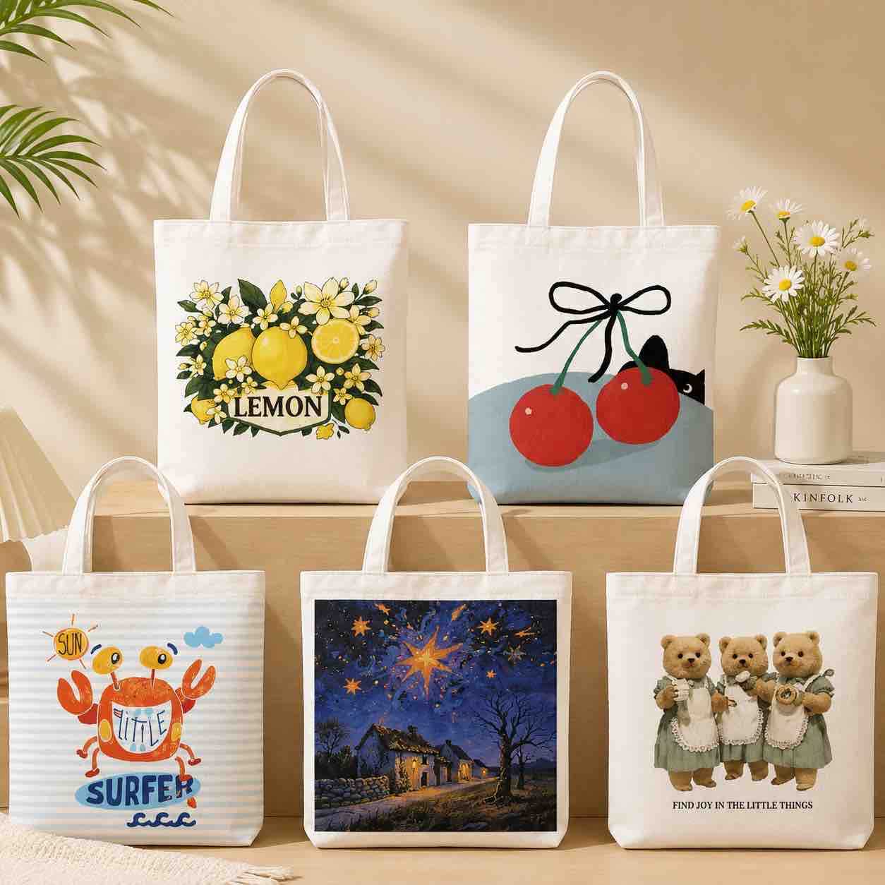 Platnene tote torbe s printom — mix (paket)