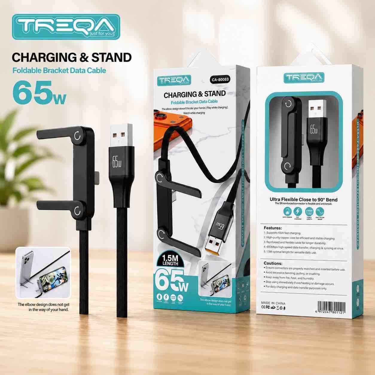 Sklopivi kabel za punjenje i stalak 65W, 1.5m (USB-A – USB-C)