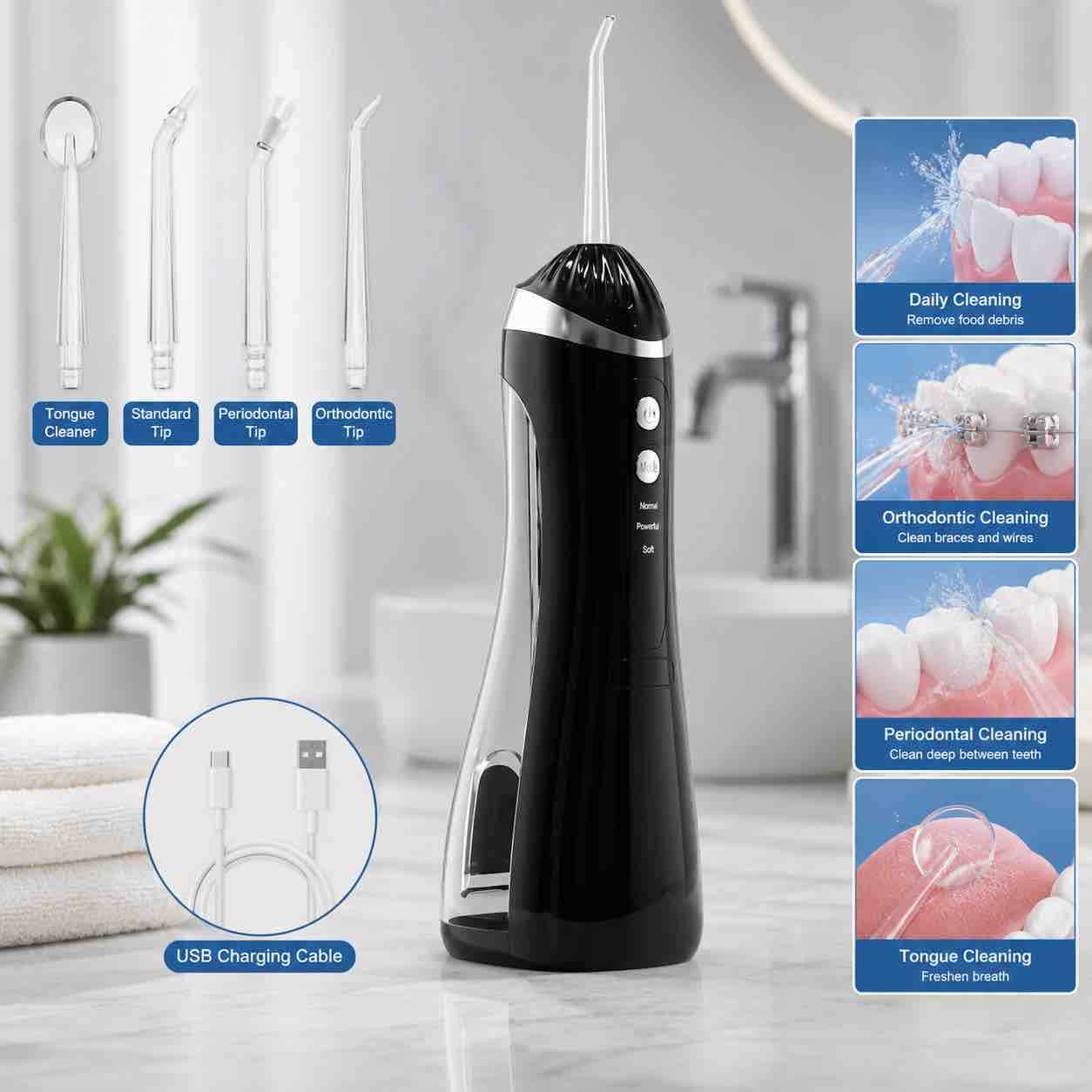 Bežični oralni irrigator (water flosser) s 4 nastavka i USB punjenjem