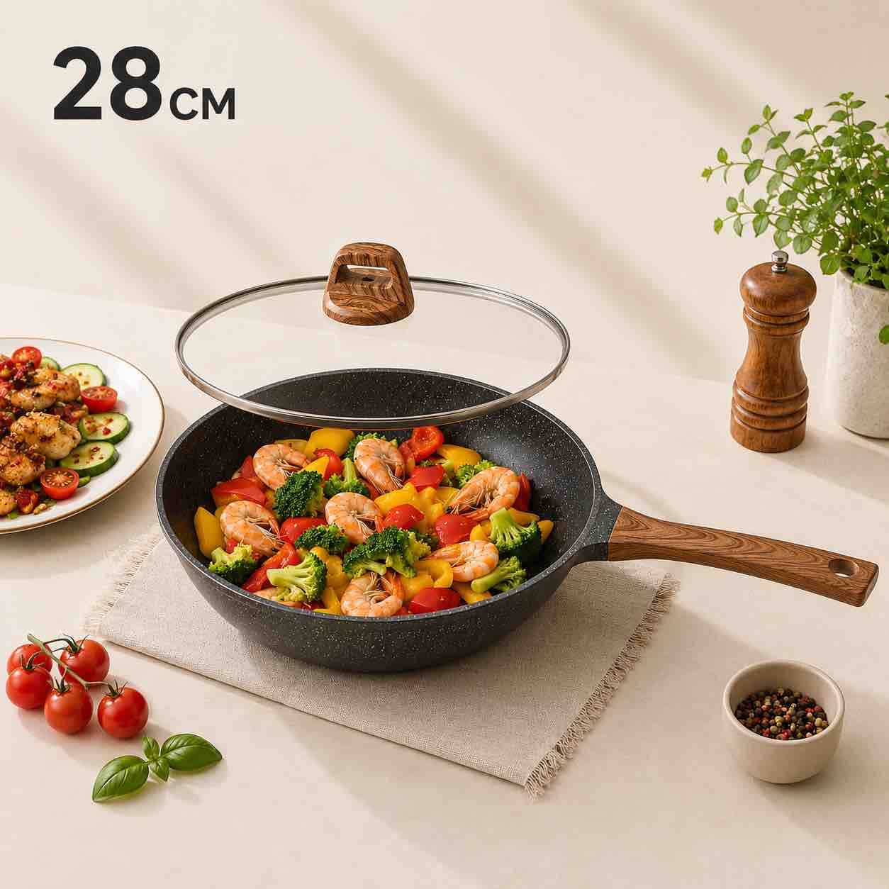 Tava/wok 28 cm sa staklenim poklopcem i drvo-dekor drškom