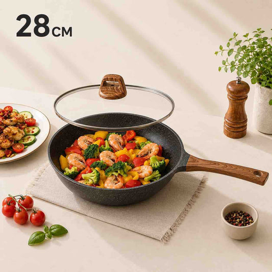 Tava/wok 28 cm sa staklenim poklopcem i drvo-dekor drškom