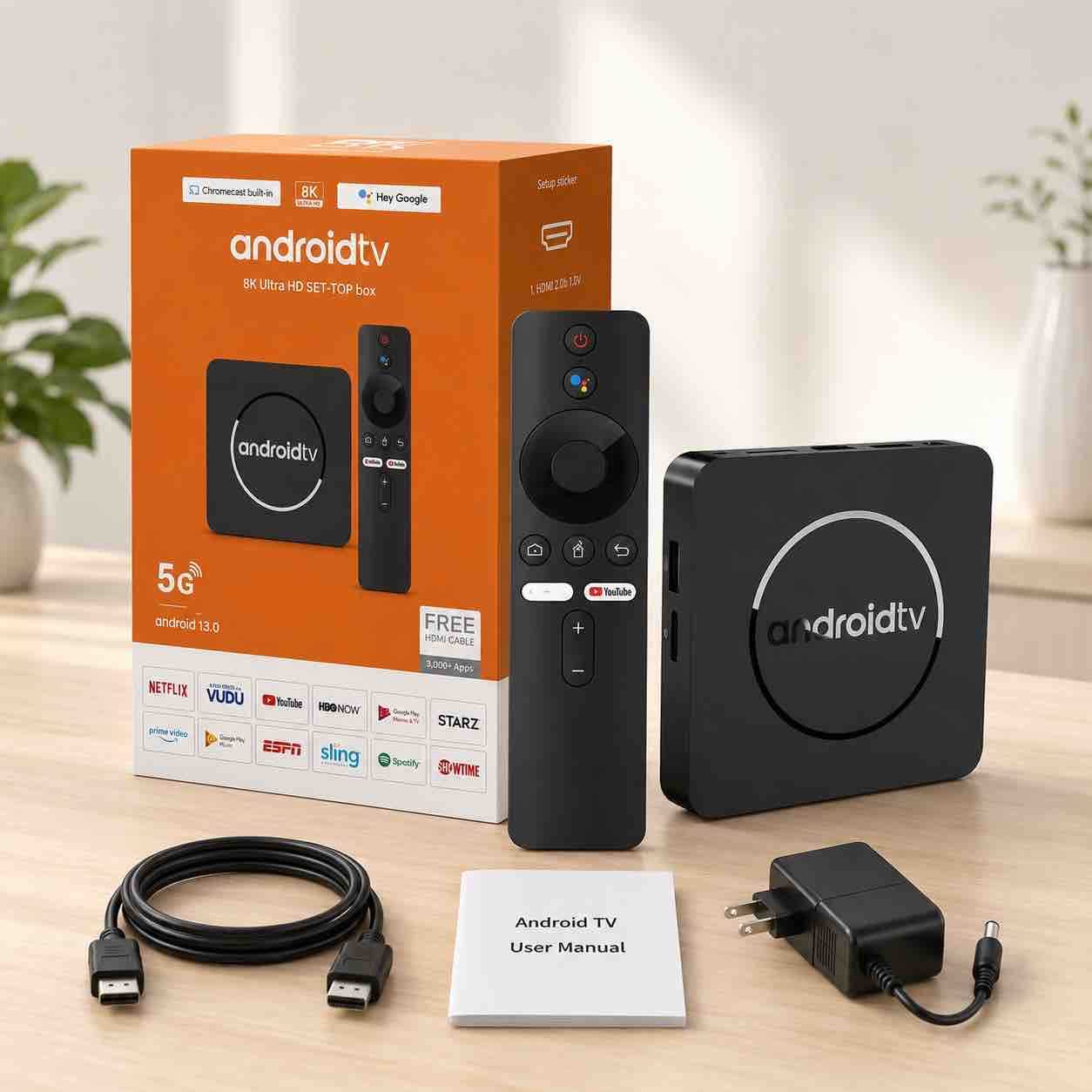 Android TV set-top box sa daljinskim upravljačem i HDMI kablom