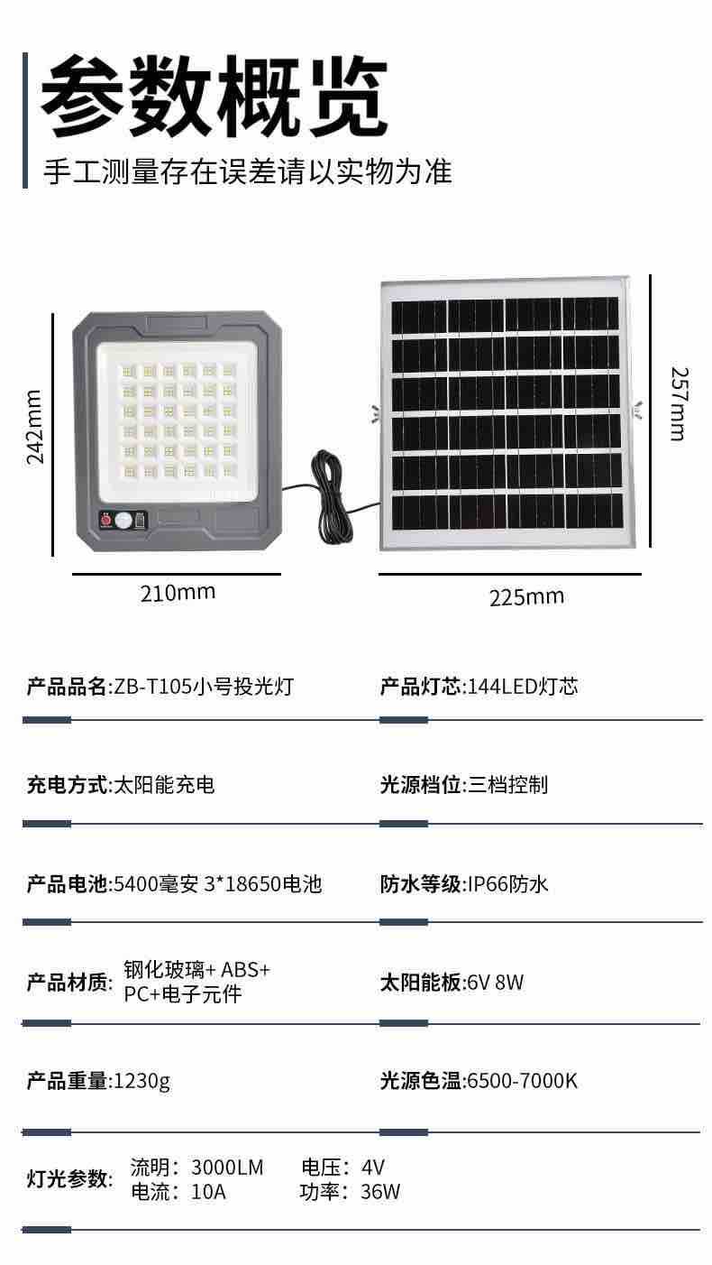 Solarni LED reflektor sa zasebnim solarnim panelom (144 LED, 5400mAh)