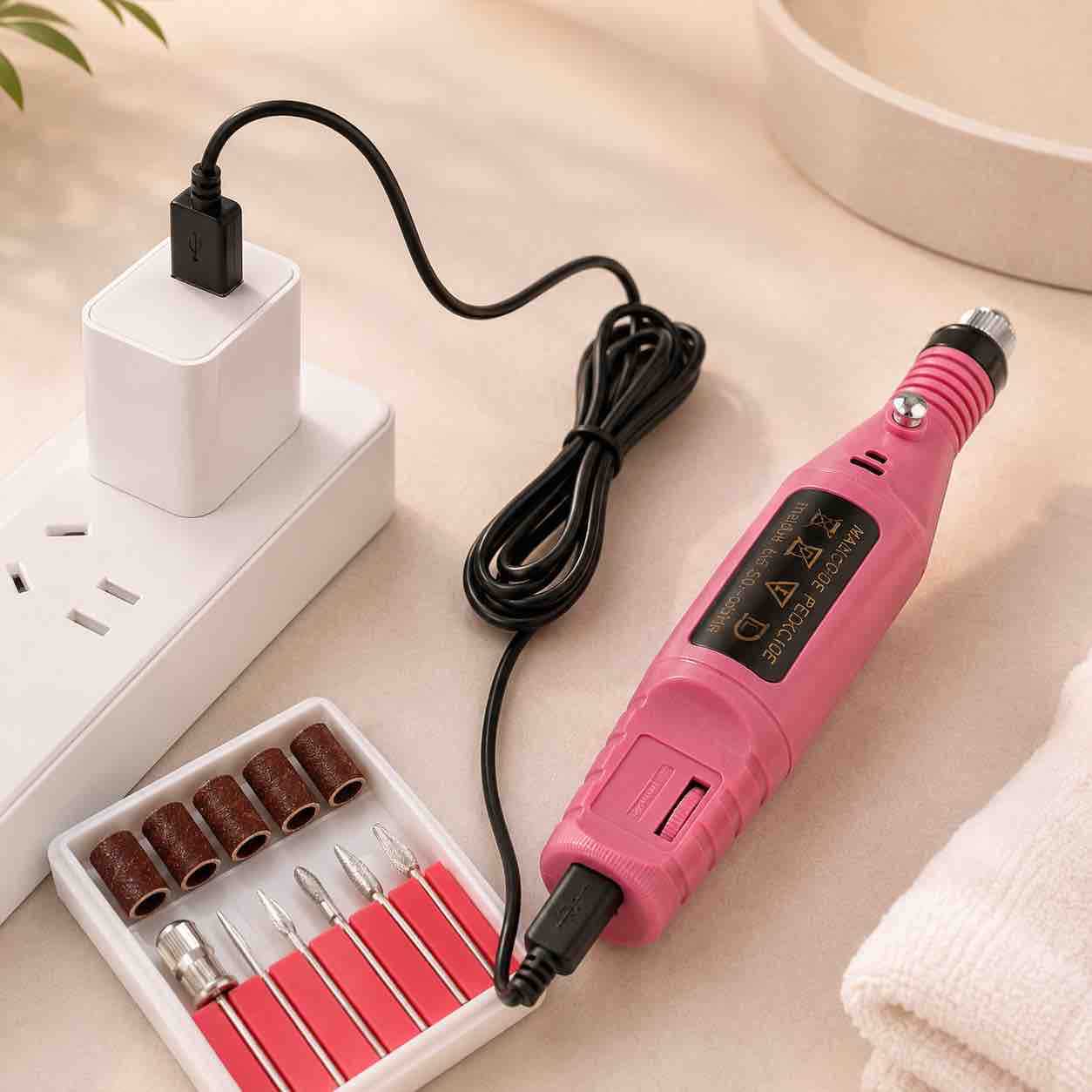 USB električna turpija za nokte - set sa nastavcima (roze)