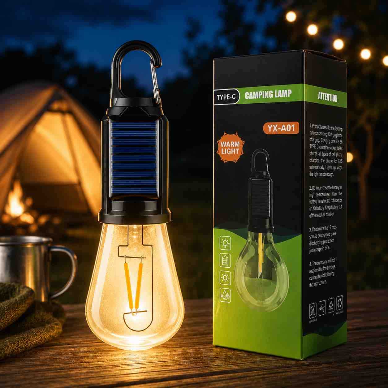 Solarna LED žarulja/lanterna sa kukom za kampiranje (topla svjetlost)