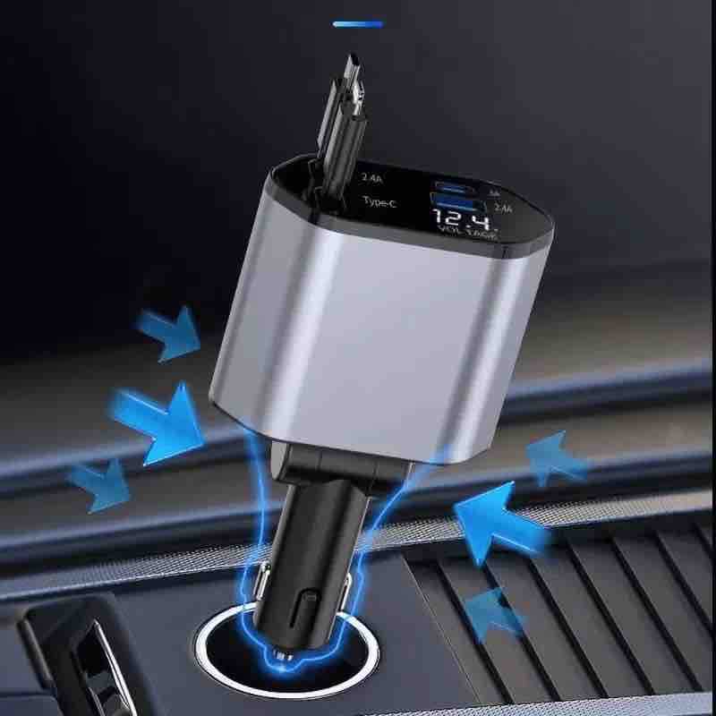 Auto punjač sa produžnim kablom 4-u-1 i LED ekranom (80 cm, do 120W)