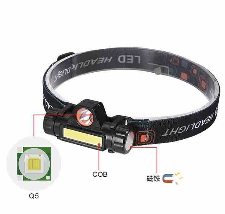 LED USB čelna lampa sa dvostrukim izvorom (COB + Q5)