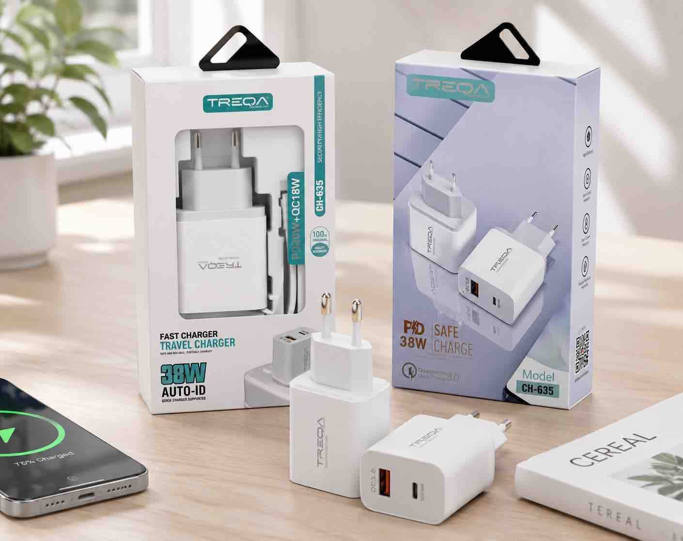 Kompaktni USB zidni punjač 38W (USB-C + USB-A) sa Type‑C kablom