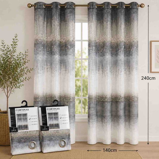 Zavjesa s metalnim krugovima (2 kom) 140x240 cm — sivo-bež dezen