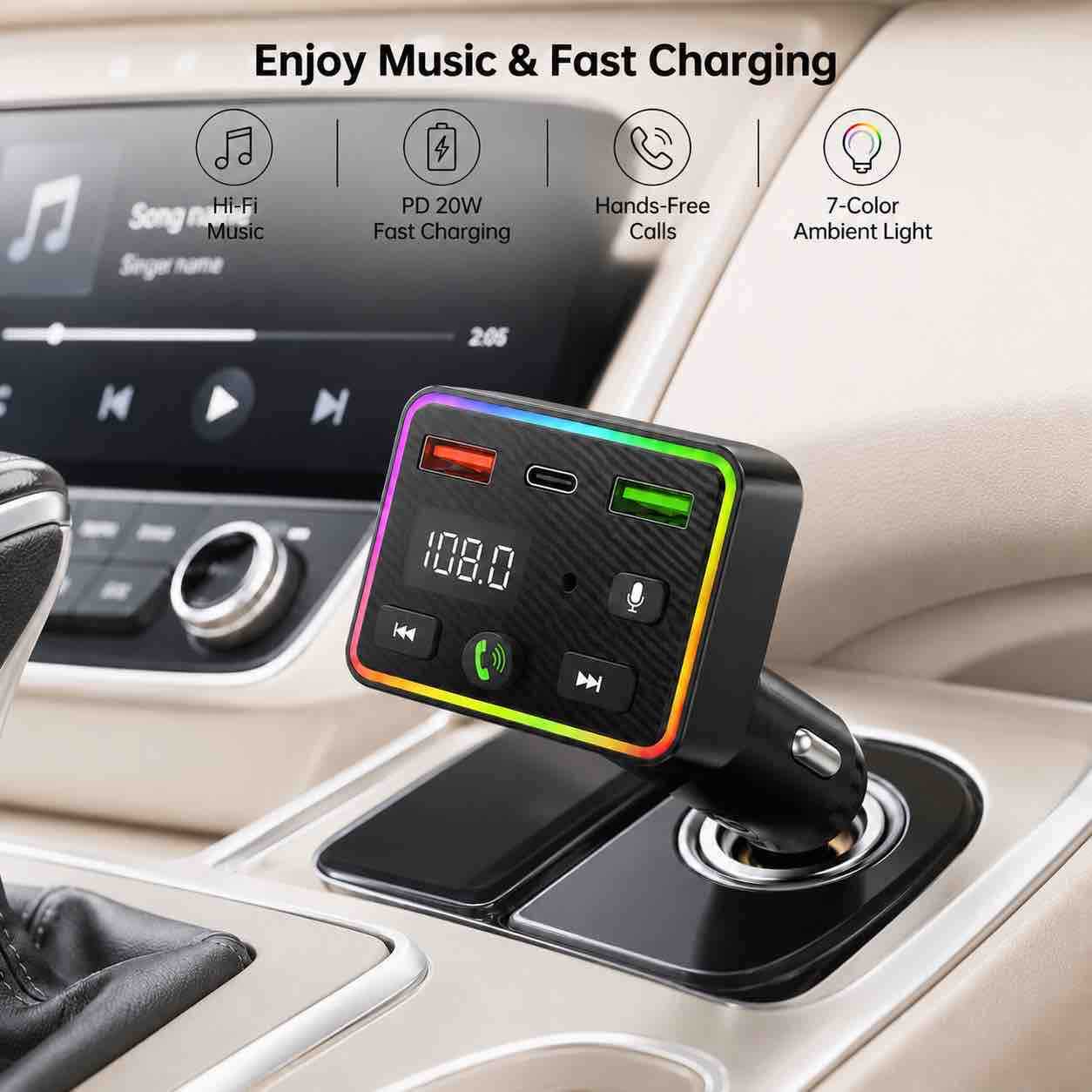 FM Bluetooth transmiter za auto sa USB-C i dvostrukim USB priključkom