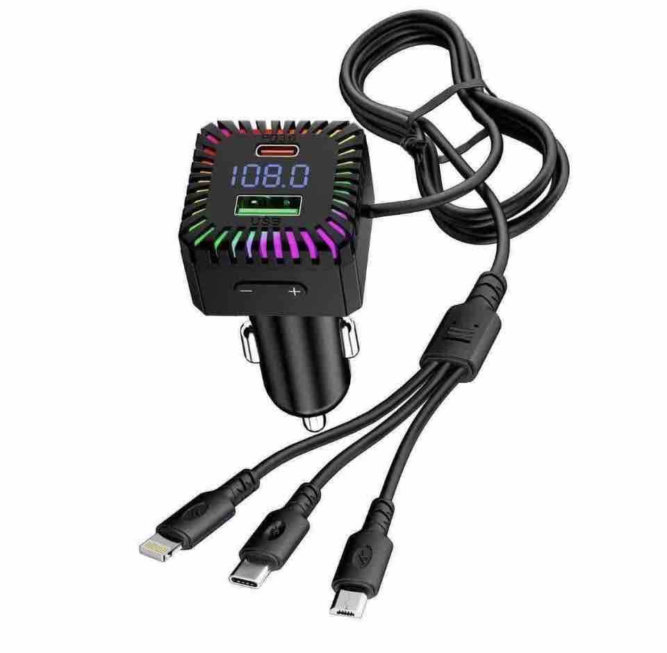 Auto FM transmiter i USB punjač s 3-u-1 kablom i LED prikazom