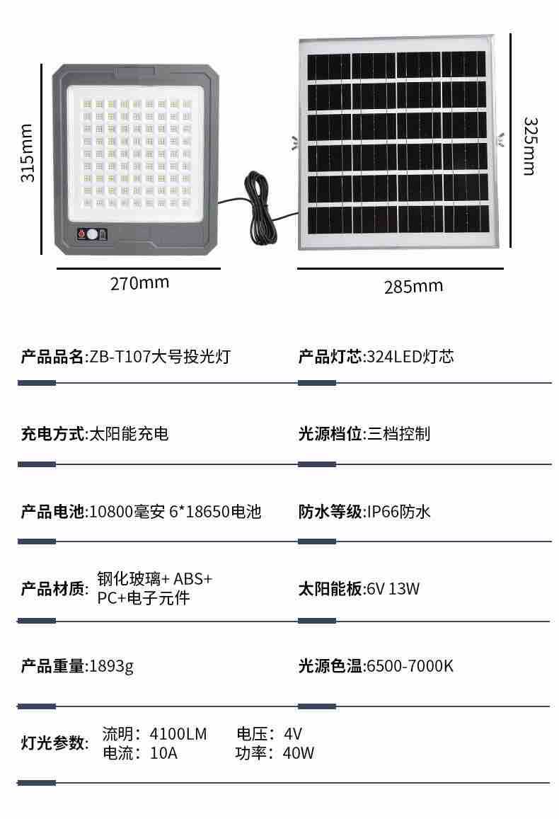 Solarni LED reflektor sa odvojenim solarnim panelom (324 LED, 40W, 10800mAh)