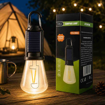 Solarna LED kamp svjetiljka sa kukom — toplo svjetlo