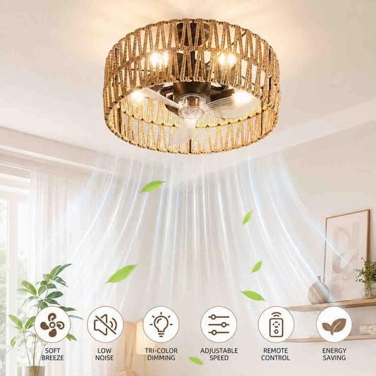 Plafonska lampa s ventilatorom i trima svjetlima — ratan izgled
