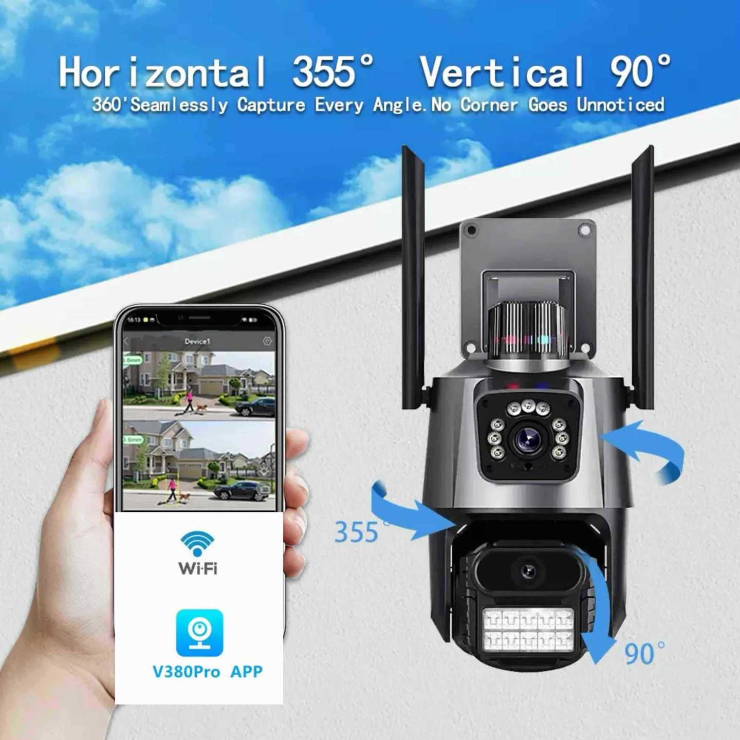Wi‑Fi PTZ sigurnosna kamera sa dvije leće i noćnim osvjetljenjem (pan 355° / tilt 90°)