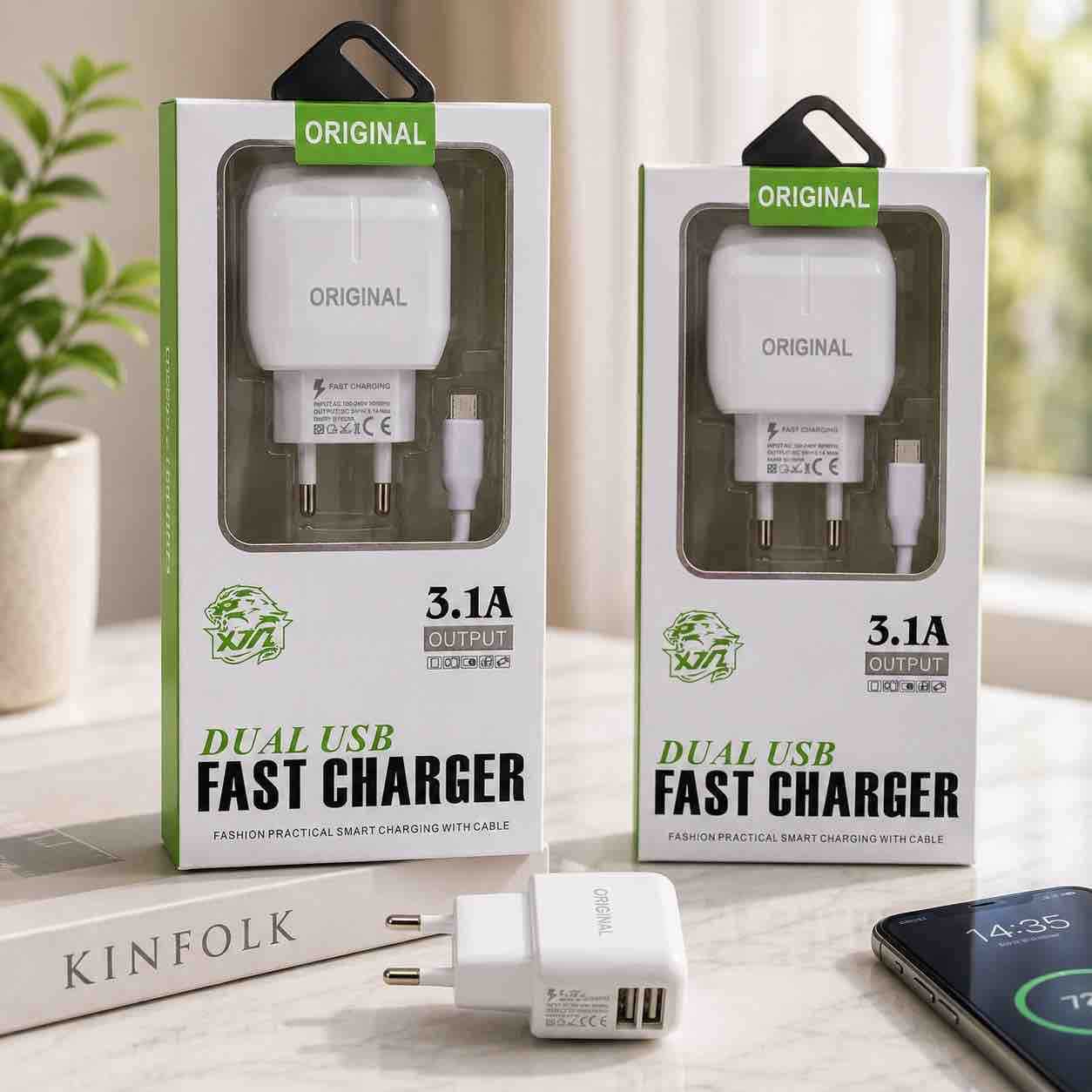 Dual USB zidni punjač 3.1A sa kablom (bijeli)