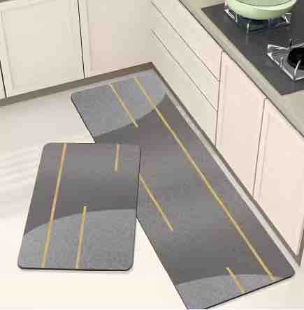 Set kuhinjskih prostirki 2/1 (40x60 cm + 40x120 cm) – sivo sa žutim prugama