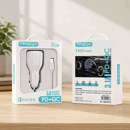 Auto punjač PD+QC s 2x USB i kablom (set bijela/crna)