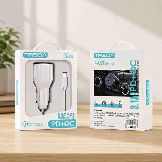 Auto punjač PD+QC s 2x USB i kablom (set bijela/crna)
