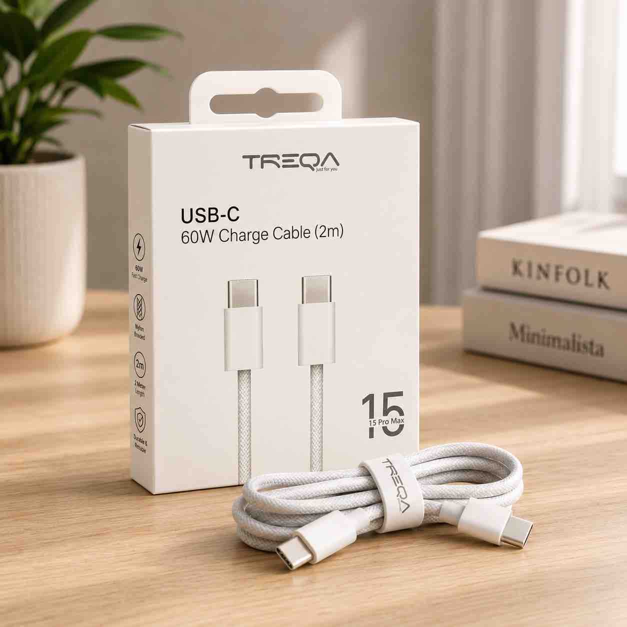 USB-C kabel 2m za brzo punjenje 60W, pleteni (bijeli)